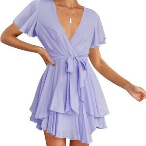 Flowy Pastel Purple Mini Dress with Flutter Sleeves, size MEDIUM